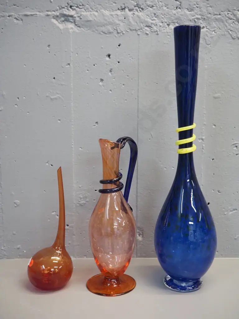 3 pieces of art glass - tall blue vase with yellow swirl H-505, orange jug with blue swirl, offset orange vase Image 1++