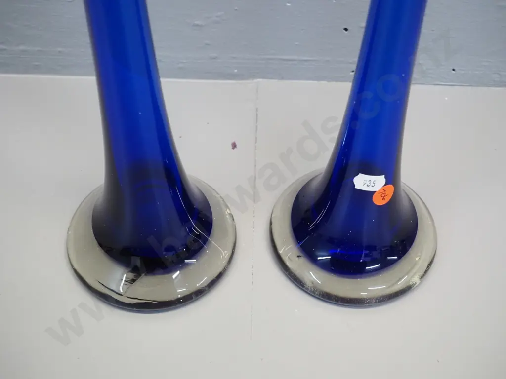 pair of tall tapered art glass vases - cobalt blue with clear base H-500 D-100 at base Image 1++