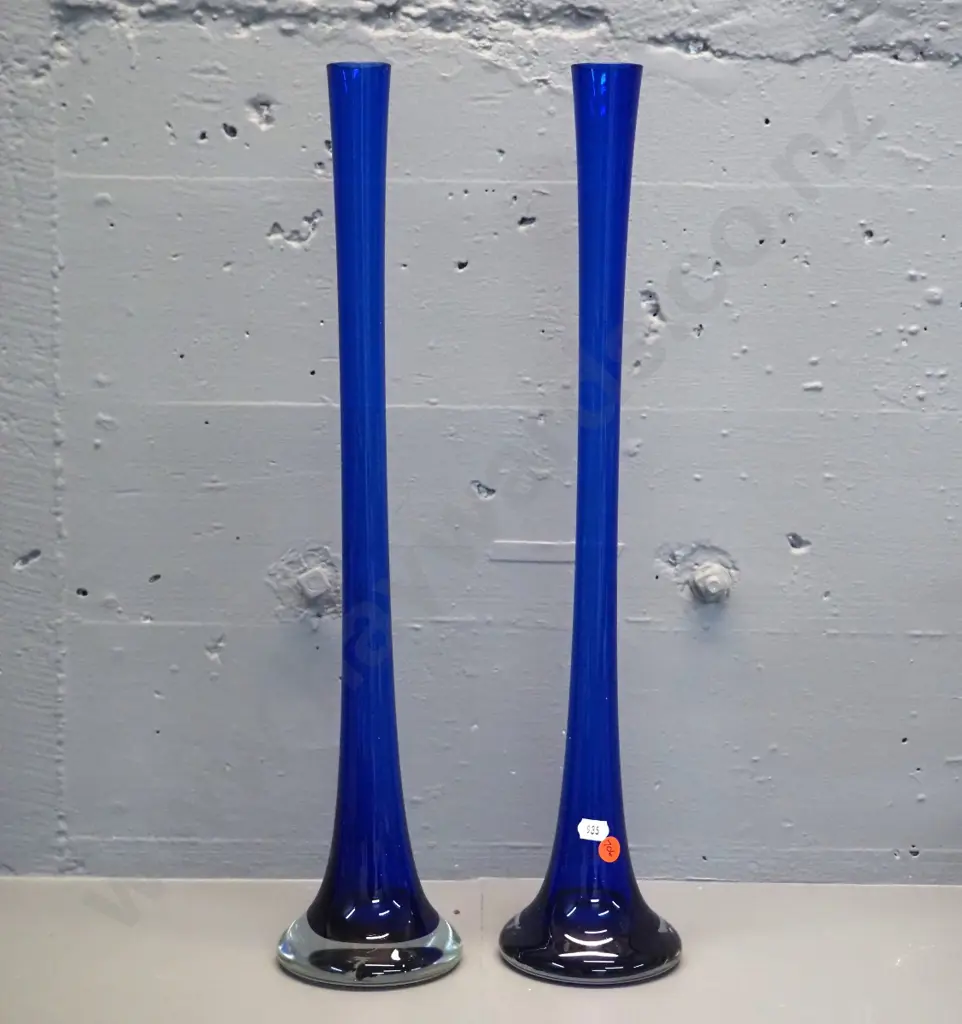 pair of tall tapered art glass vases - cobalt blue with clear base H-500 D-100 at base Image 1++