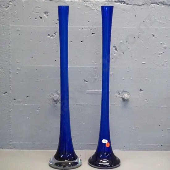 pair of tall tapered art glass vases - cobalt blue with clear base H-500 D-100 at base