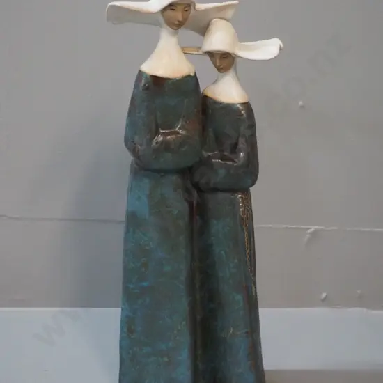 Lladro figurine - 2 nuns with dark mottled green/bronze glaze - H340