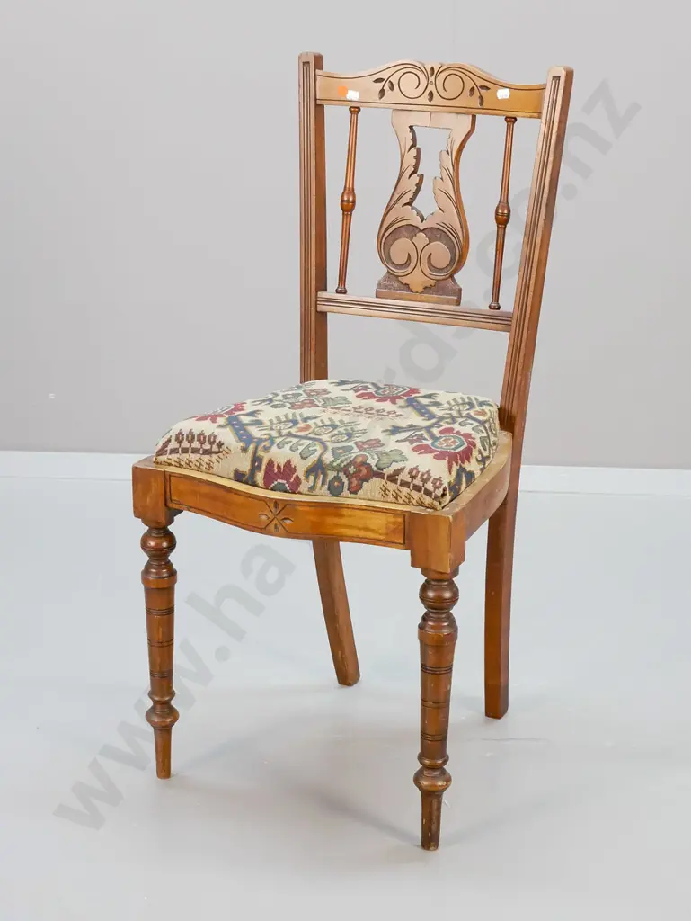 Edwardian mahogany carved-back dining chair w/ turned legs, patterned tapestry seat H860 W400 D400 Image 1++
