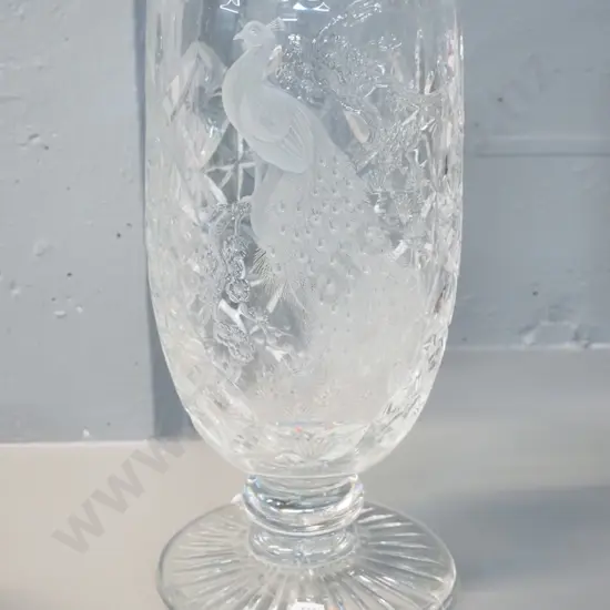 Edinburgh heavy cut crystal footed vase with peacock design H-320 D_140 at rim