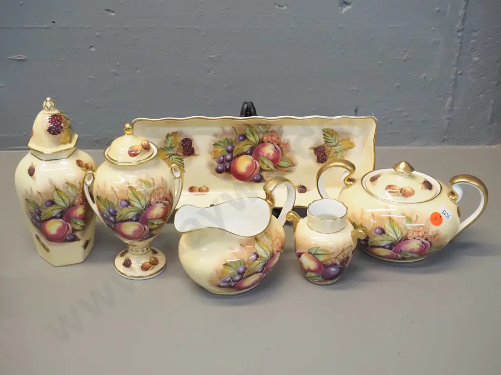 6 pieces Aynsley Orchard Gold china - cream & sugar, small vase (fleck to rim), sandwich plate Image 1++