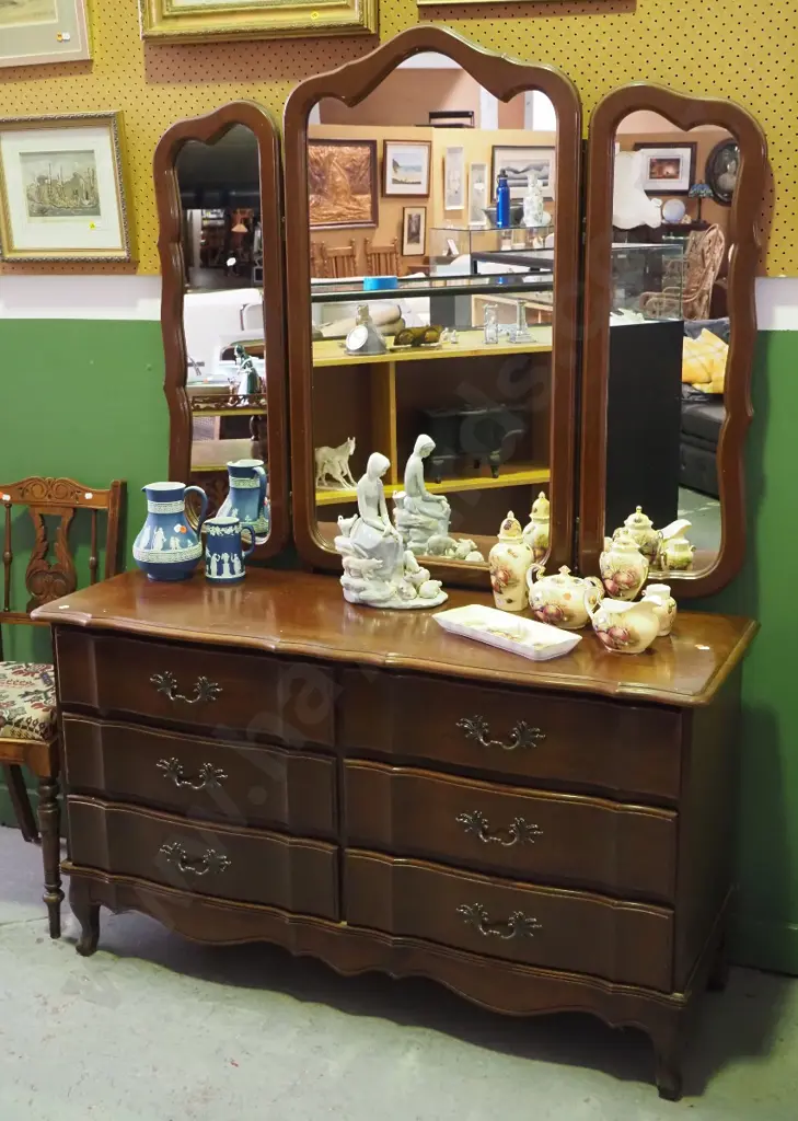 mahogany period-style cab-leg 6-drawer dressing table with framed wing mirrors - polish and mirror stay need attention Image 1++