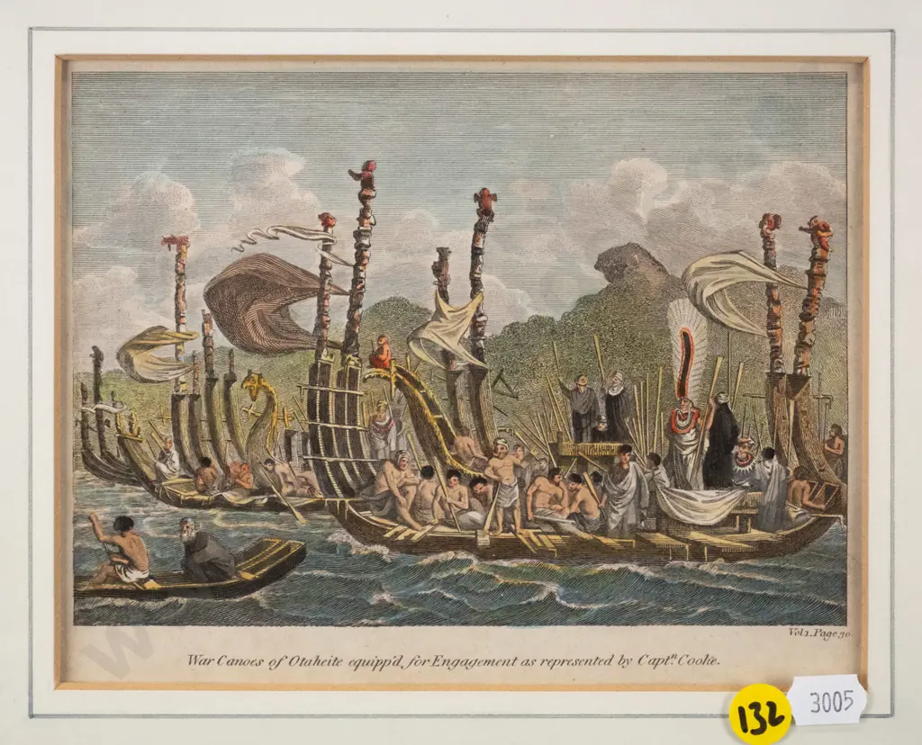 framed vintage hand coloured engraving - War Canoes140 W-170 Image 1++