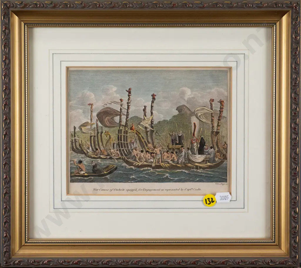 framed vintage hand coloured engraving - War Canoes140 W-170 Image 1++