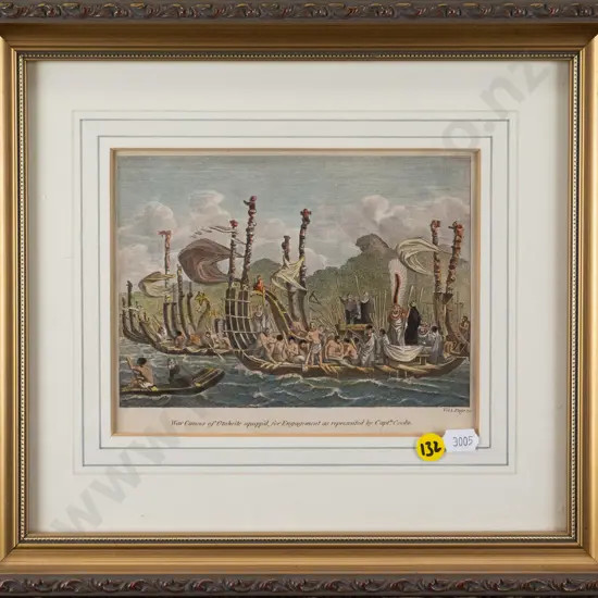 framed vintage hand coloured engraving - War Canoes140 W-170