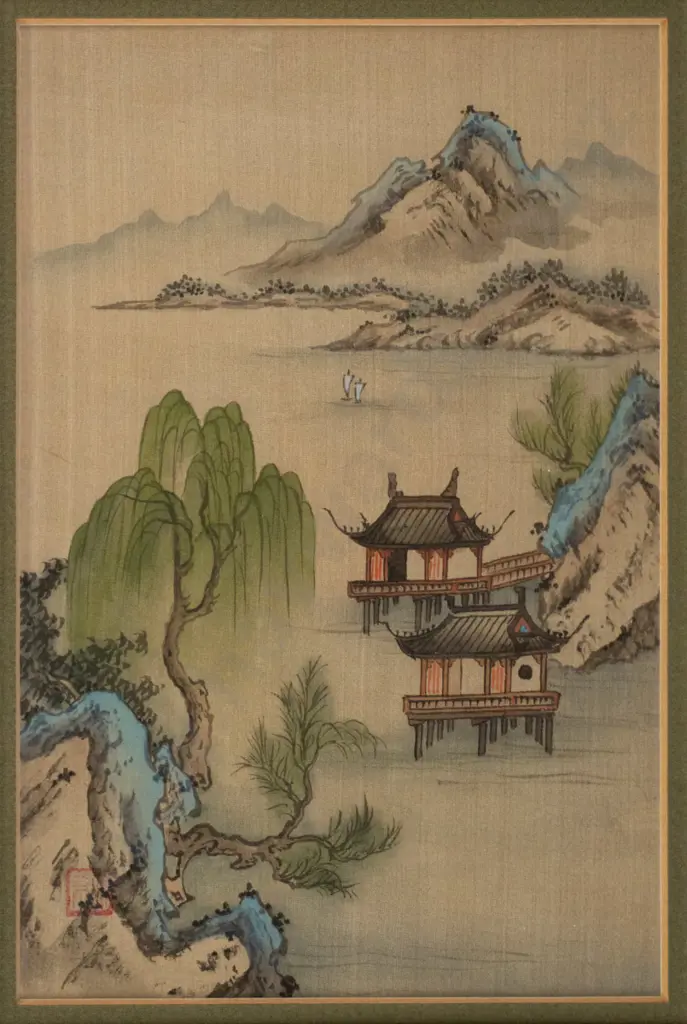 framed Asian watercolour on silk H-170 W-120 Image 1++