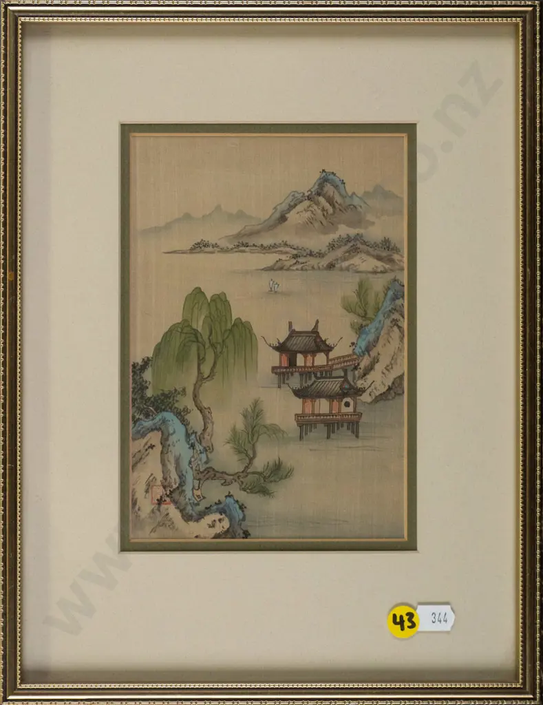 framed Asian watercolour on silk H-170 W-120 Image 1++