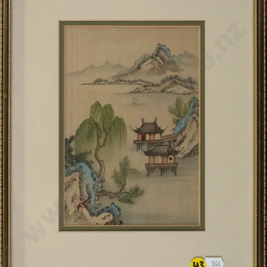 framed Asian watercolour on silk H-170 W-120