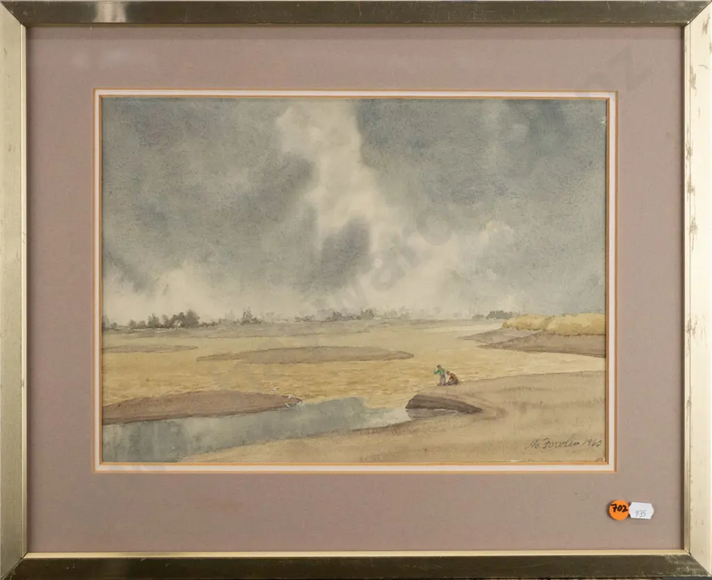 M Fowler 1960 - framed watercolour - coastal scene H-260 W-350 (frame needs attention) Image 1++