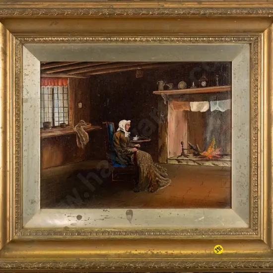 framed oil - woman in front of fire (frame needs attention) H-230 W-290