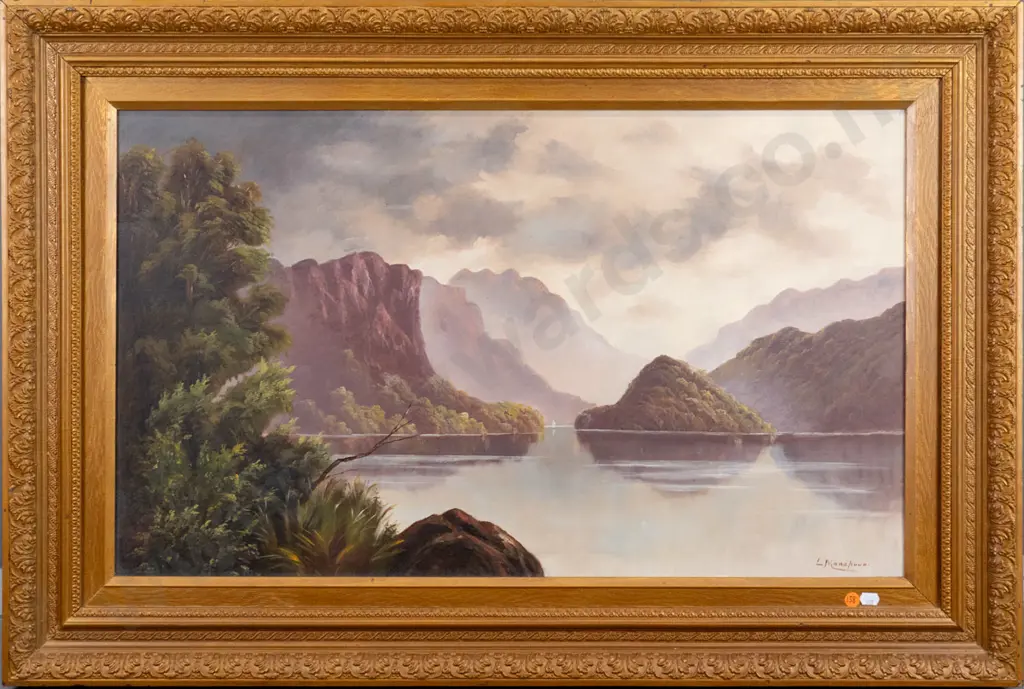 gilt framed colonial oil - Lake Manapouri H-440 W-740 Image 1++