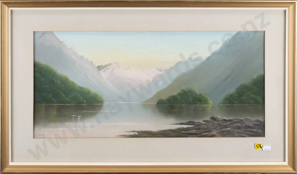 Phyllis Sew Hoy - framed oil - lake and mountain scene H-210 W-470 Image 1++