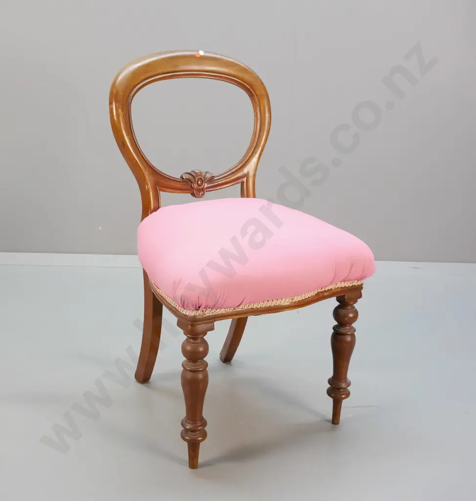 Victorian mahogany framed balloon back dining chair with pink cotton upholstered seat H860 W500 D490 Image 1++