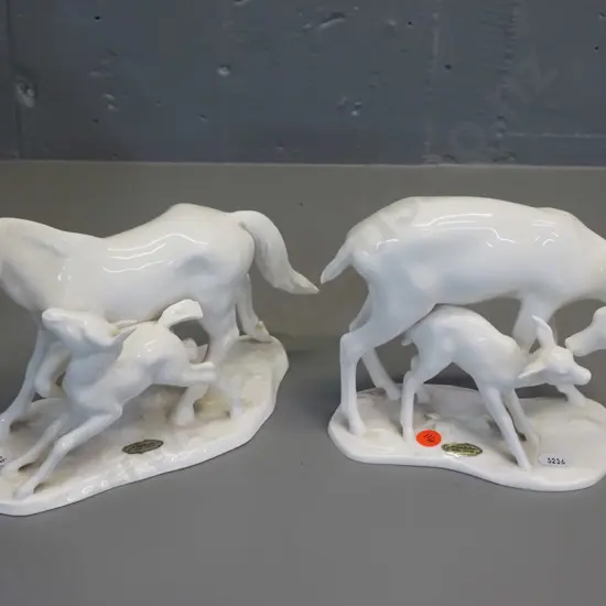2 Noritake white bone china figures - deer with fawn and horse with foal H-170 L-200