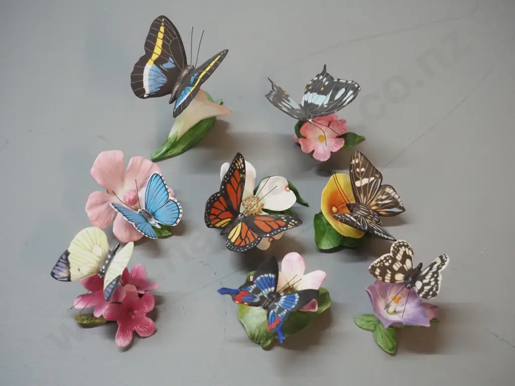 8 porcelain butterfly & floral ornaments - made in Japan, Taiwan, or Malaysia - tallest is H-80 Image 1++