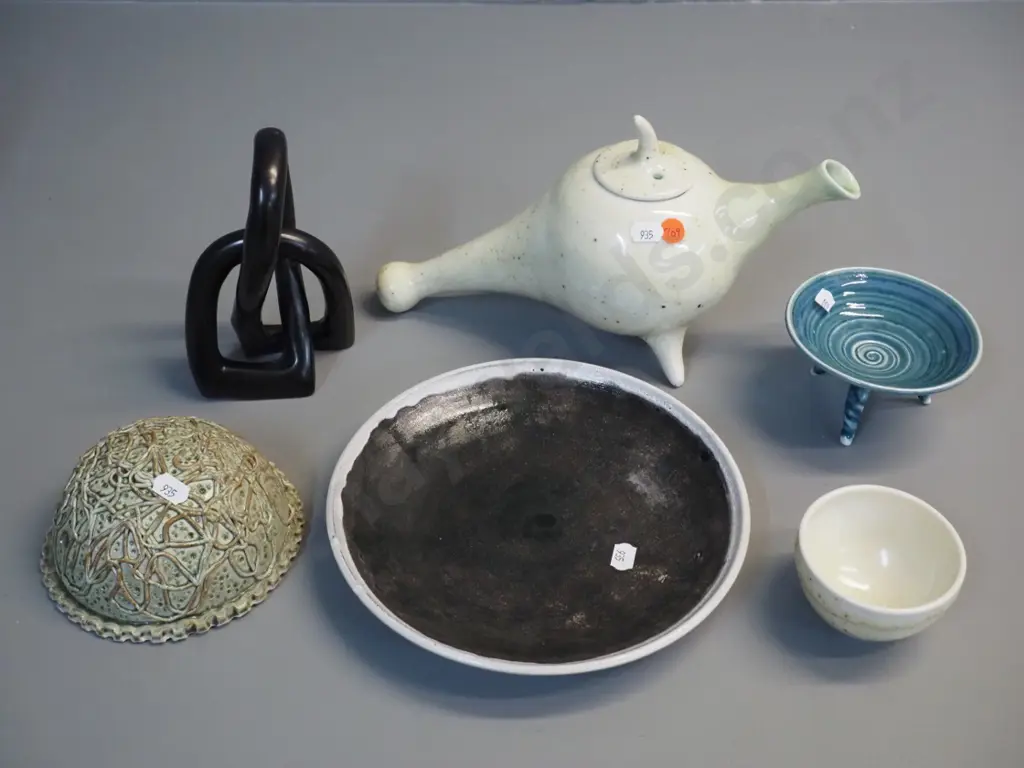assorted studio pottery: S. Engelhard dish, wall hanging half dome, teapot with flaw to spout, etc. Image 1++