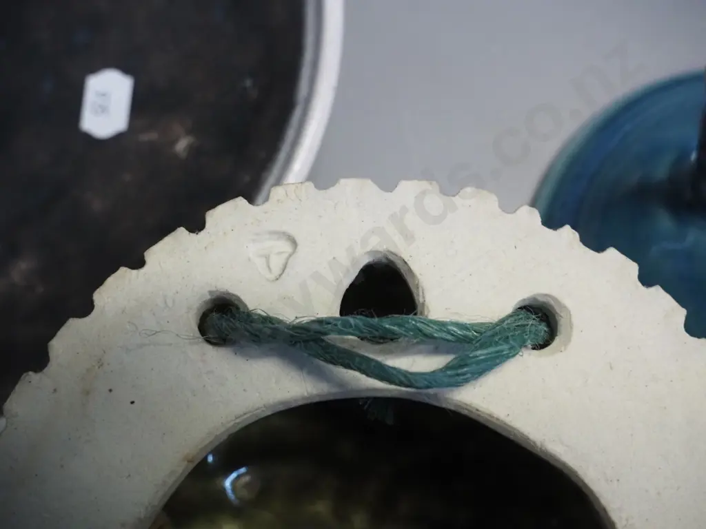 assorted studio pottery: S. Engelhard dish, wall hanging half dome, teapot with flaw to spout, etc. Image 1++