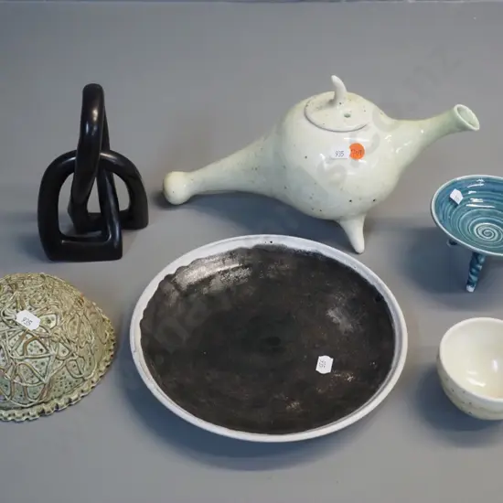 assorted studio pottery: S. Engelhard dish, wall hanging half dome, teapot with flaw to spout, etc.