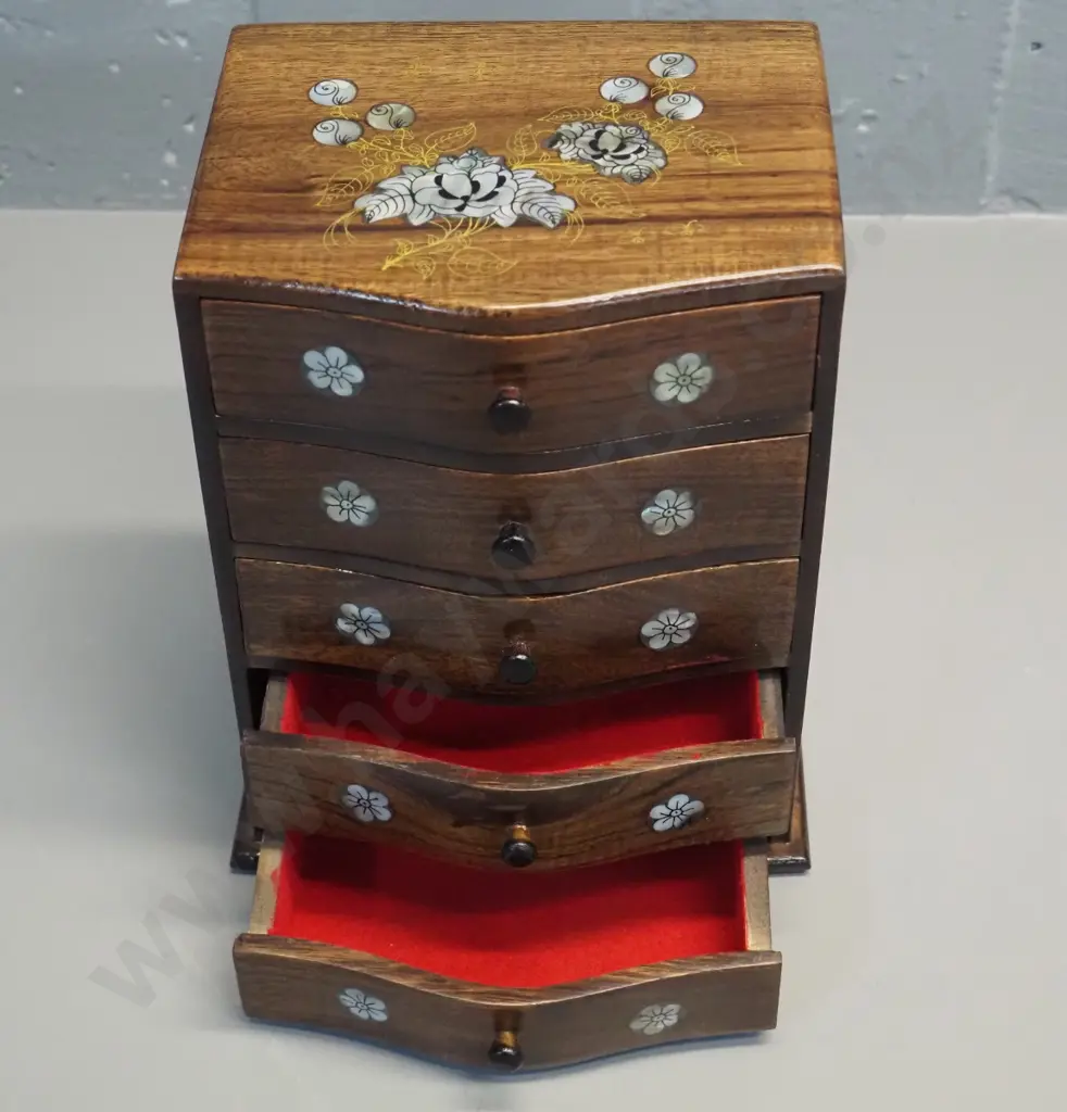 small 5-drawer timber jewellery chest with shell inlay and hand-painted decoration H-225 W-175 D-140 Image 1++