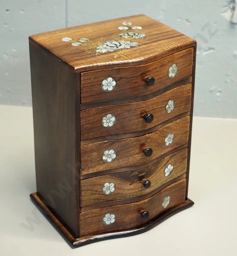 small 5-drawer timber jewellery chest with shell inlay and hand-painted decoration H-225 W-175 D-140 Image 1++