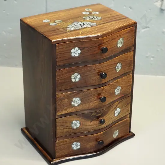 small 5-drawer timber jewellery chest with shell inlay and hand-painted decoration H-225 W-175 D-140