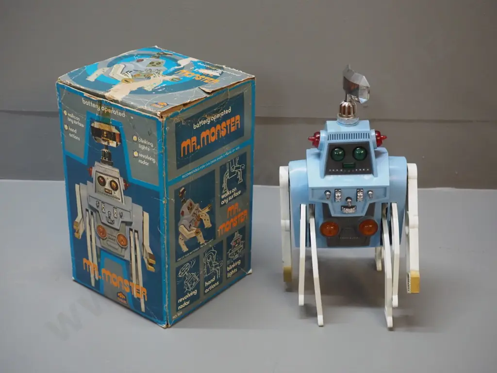 retro Mr. Monster plastic battery operated robot toy with original box - untested, wear to box H280 W-150 Image 1++