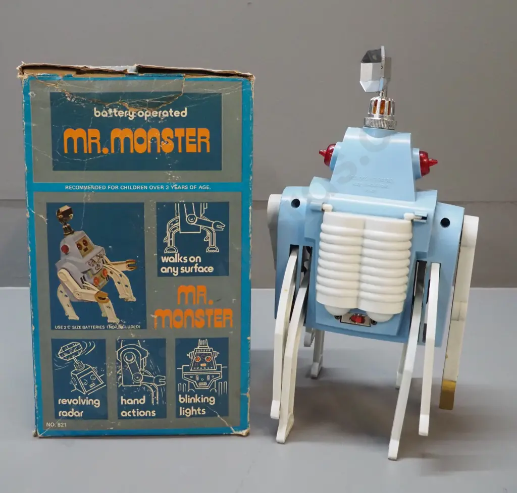 retro Mr. Monster plastic battery operated robot toy with original box - untested, wear to box H280 W-150 Image 1++