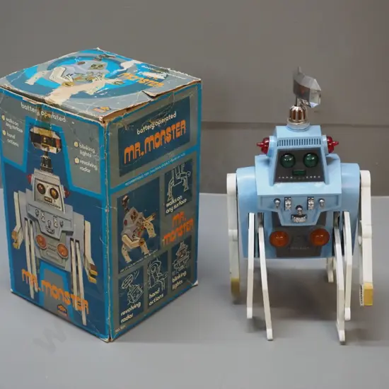 retro Mr. Monster plastic battery operated robot toy with original box - untested, wear to box H280 W-150