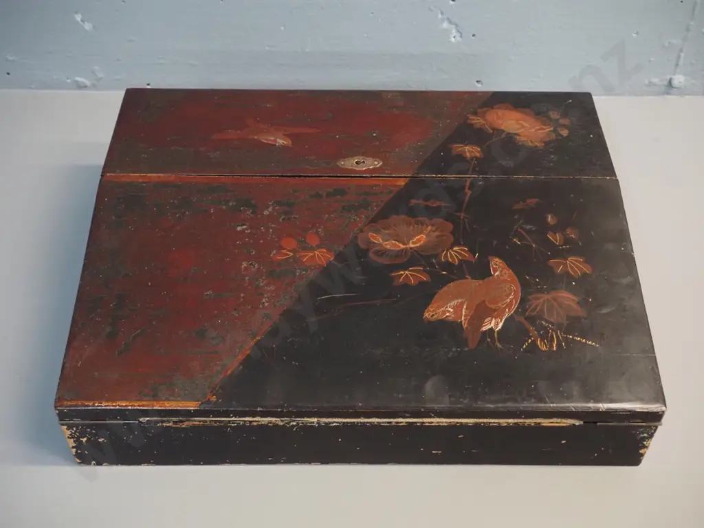 vintage writing slope box with Japanned bird & floral decoration, some loss of paint work, minor chipping inside Image 1++