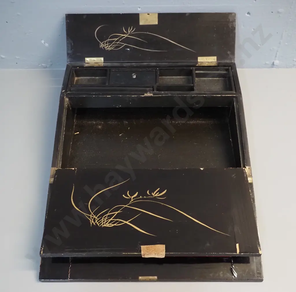 vintage writing slope box with Japanned bird & floral decoration, some loss of paint work, minor chipping inside Image 1++