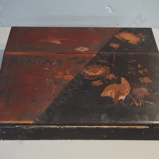 vintage writing slope box with Japanned bird & floral decoration, some loss of paint work, minor chipping inside