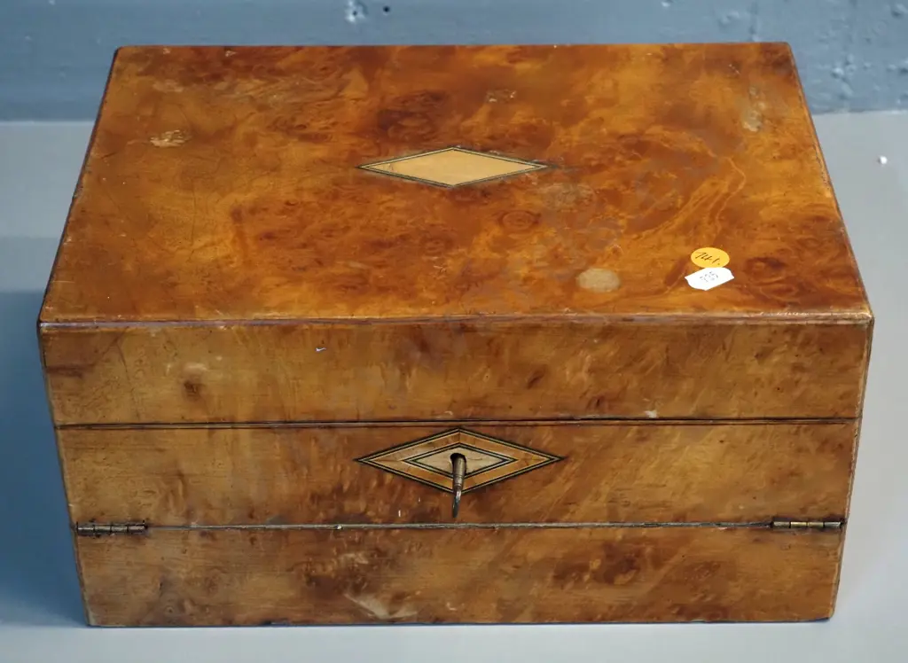 antique burr walnut cased writing box - w/key escutcheon & key, H150 W300 D210 - some wear to velvet inset, some lining Image 1++