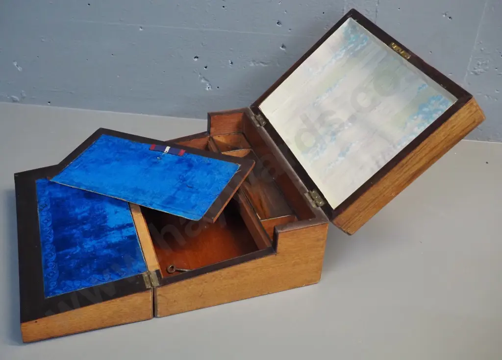 antique burr walnut cased writing box - w/key escutcheon & key, H150 W300 D210 - some wear to velvet inset, some lining Image 1++