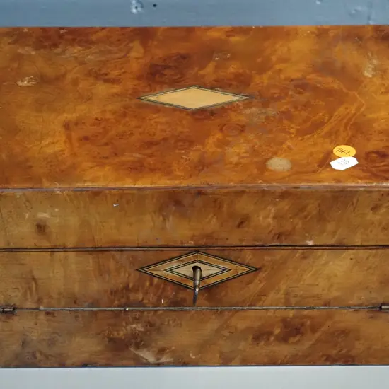 antique burr walnut cased writing box - w/key escutcheon & key, H150 W300 D210 - some wear to velvet inset, some lining