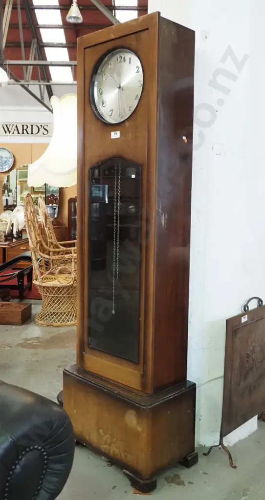 mahogany deco style long-case clock with chrome weights and pendulum - polish needs work H1870 W550 D330 Image 1++