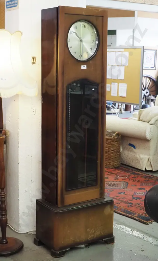 mahogany deco style long-case clock with chrome weights and pendulum - polish needs work H1870 W550 D330 Image 1++