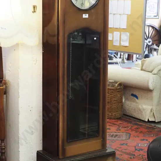 mahogany deco style long-case clock with chrome weights and pendulum - polish needs work H1870 W550 D330