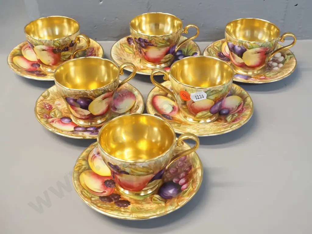 set of 6 Aynsley heavily gilded fruit pattern coffee cups & saucers Image 1++
