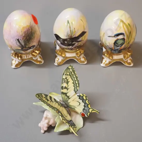 3 small Hereford NZ china signed hand-painted bird motif eggs H-80 and a Hutschenreuther butterfly ornament