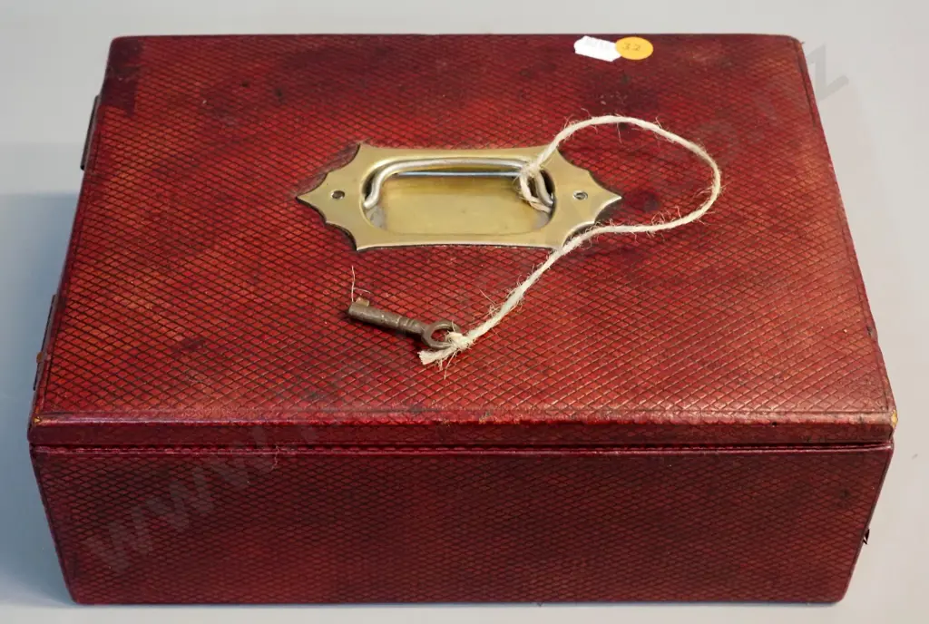 vintage writing box with  brass handle, tooled leather inset, leather & satin lined, with key H100 W260 D190 Image 1++