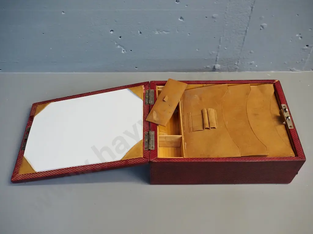 vintage writing box with  brass handle, tooled leather inset, leather & satin lined, with key H100 W260 D190 Image 1++