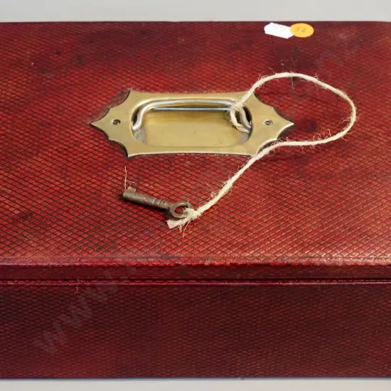 vintage writing box with  brass handle, tooled leather inset, leather & satin lined, with key H100 W260 D190