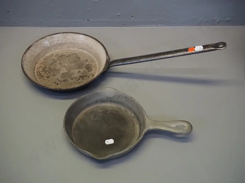2 vintage cast iron frypans - larger one with tin handle marked A Kenrick & Son 6" - length 470 Image 1++