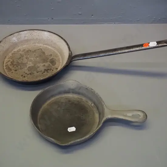 2 vintage cast iron frypans - larger one with tin handle marked A Kenrick & Son 6" - length 470