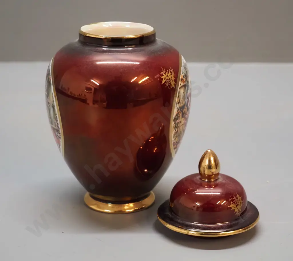 Carlton Ware rouge royal temple jar with classical scene painted medallions H-180 D-100 Image 1++