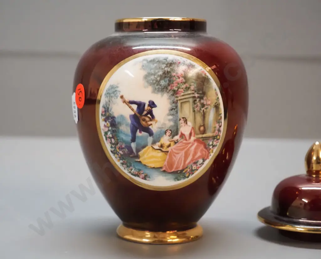 Carlton Ware rouge royal temple jar with classical scene painted medallions H-180 D-100 Image 1++