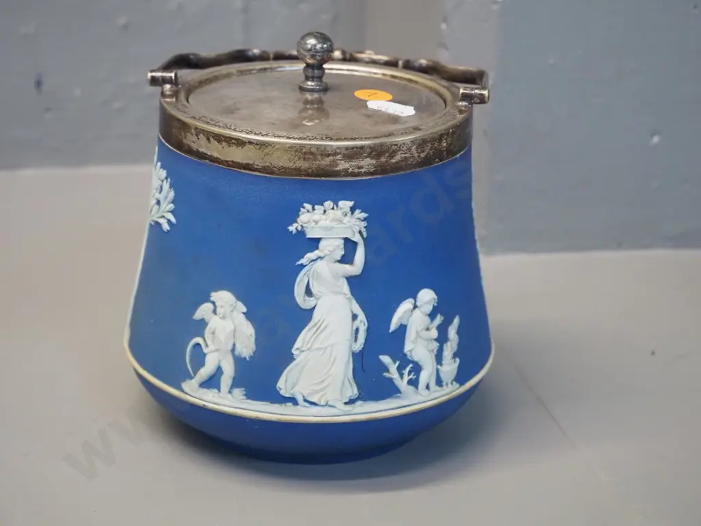 vintage Wedgwood dark blue jasperware biscuit barrel with silver plated lid and handle H-150 with handle down Image 1++